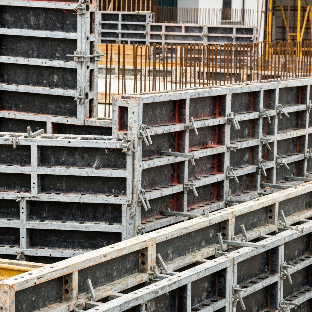 Close-up of concrete formwork panels and steel form ties assembled on a construction site